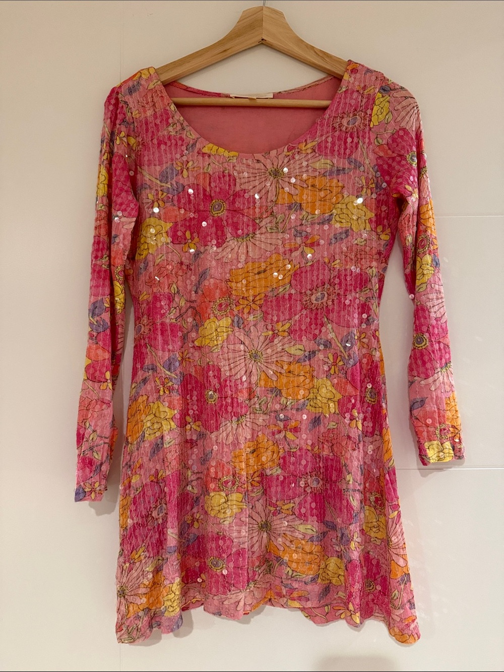 Loveshackfancy Pink Floral Long-Sleeve Tunic Dress with Sparkle
